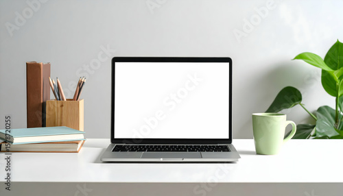 Modern Open Laptop on Clean White Desk with Books and Green Plant
