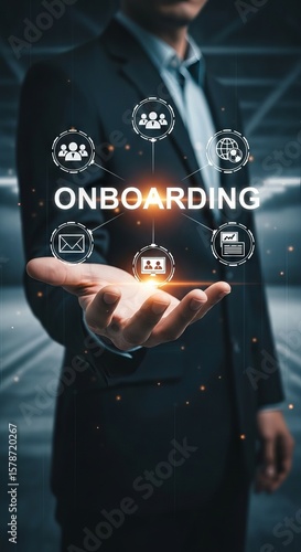 Business professional presenting onboarding process, business, professional, man, suit, onboarding, process, icons, technology, digital, network, communication, team, global, email, data, presentation