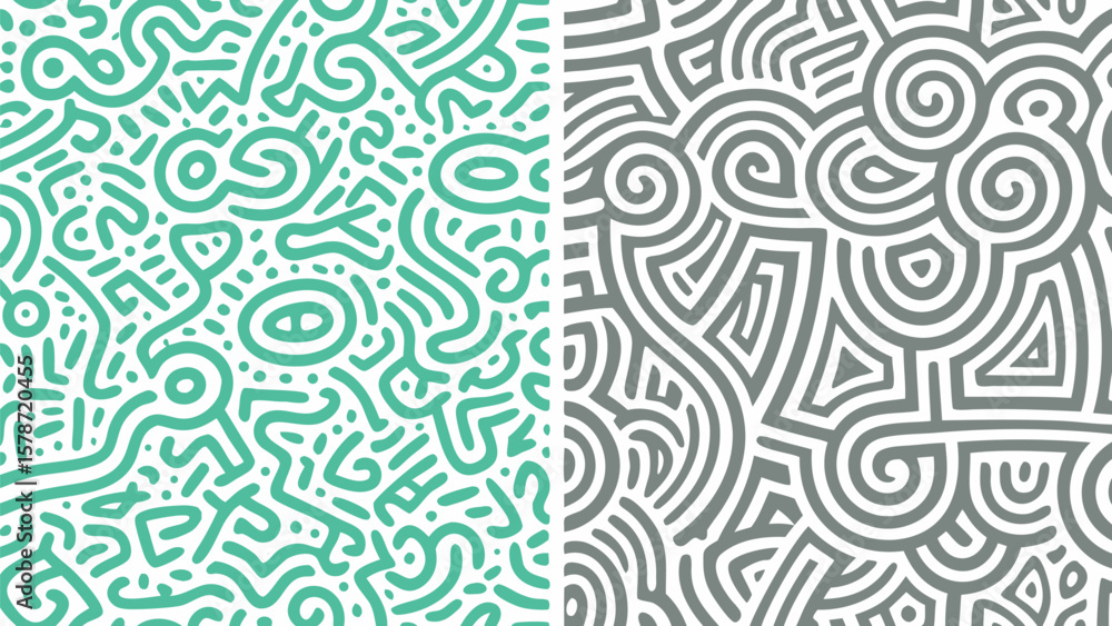 Fototapeta premium Abstract background featuring two distinct patterns one in teal and the other in gray with swirls and lines