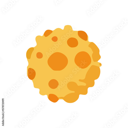 Stylized illustration of a small, orange celestial body, possibly an asteroid or moon, with craters.
