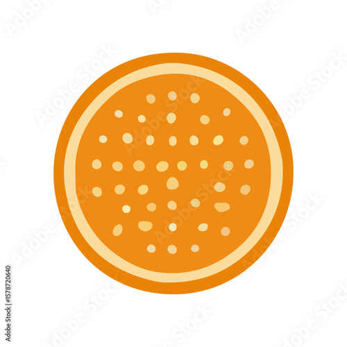 A stylized, flat illustration of a sliced orange, showing the pulp and rind in shades of orange and yellow on a white background.
