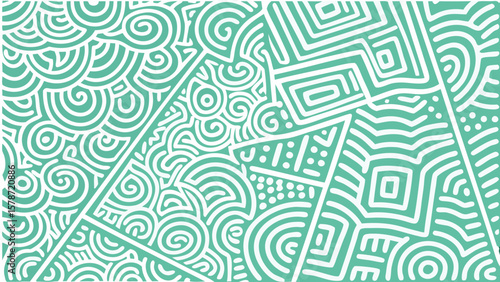 Abstract background with triangles containing circles squares and dots in mint and white color scheme
