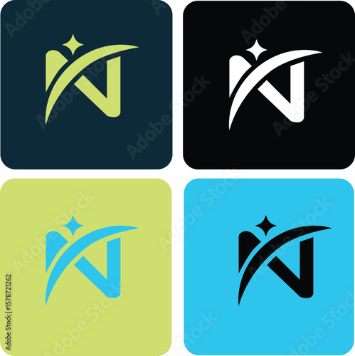SCreative "N" letter logo with shooting star and arc, symbolizing growth, success, and innovation. Shown in different vibrant color backgrounds.
