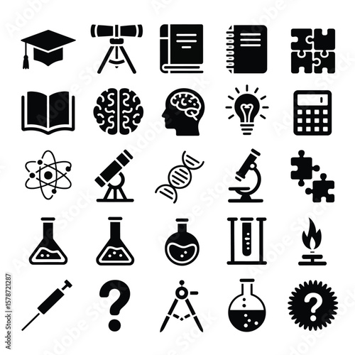 Collection of Black Glyph Icons Representing Education Science and Research Concepts Including Graduation Cap Brain Atom Telescope Microscope Erlenmeyer Flask D N A Double