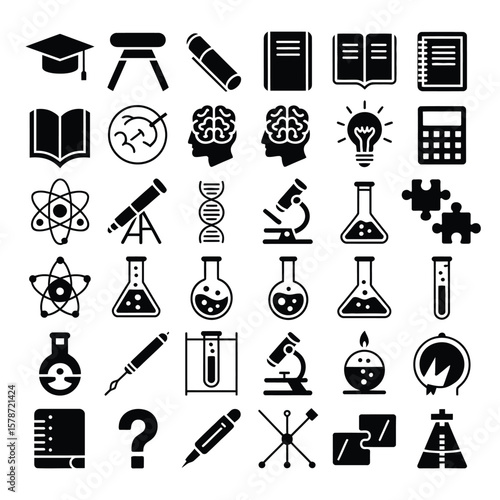 Collection of Black Glyph Icons Representing Education Science and Research Including Books Microscopes Test Tubes Atoms D N A Strands Puzzles and More