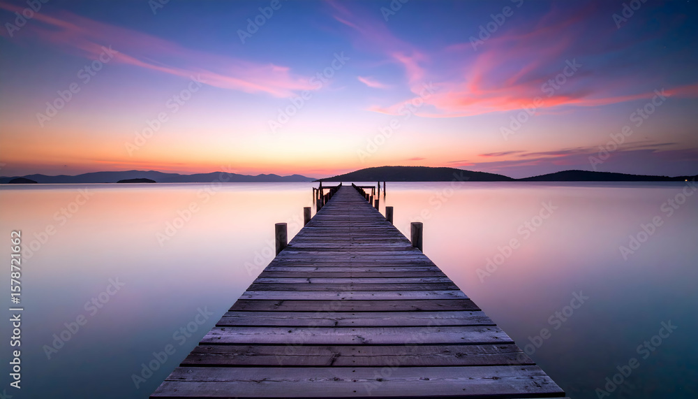 Naklejka premium Peaceful Wooden Pier Stretching Into Calm Water Under Vibrant Sunset Sky