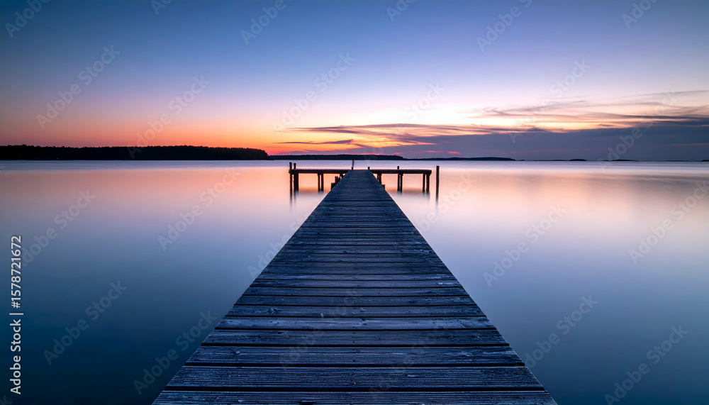 Obraz premium Peaceful Wooden Pier Extending Into Calm Lake Water at Colorful Sunset with Serene Horizon