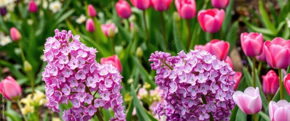 Lilac blossoms and vibrant pink & purple tulips in a spring garden, bloom, fresh, floral Lilac blossoms and vibrant pink & purple tulips in a spring garden, bloom, fresh, floral
