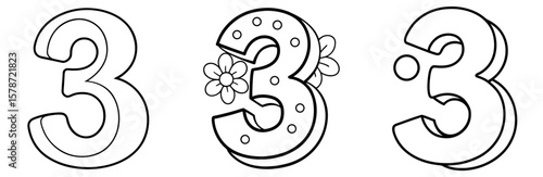 Number 3 Coloring Book Page - Outline Design