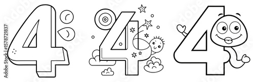 Number 4 Coloring Book Page - Outline Design