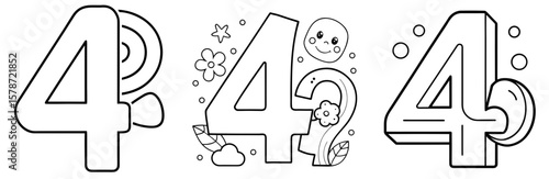 Number 4 Coloring Book Page - Outline Design
