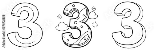 Number 3 Coloring Book Page - Outline Design
