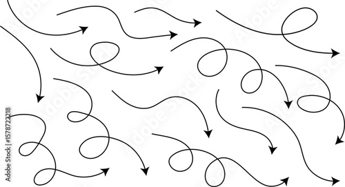 Sketch dashed arrows design. Hand drawn curve line arrow set. Zigzag arrow stripes design with dotted lines. curved hand drawn arrows