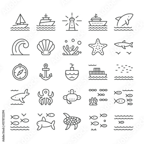 Collection of Black Line Art Icons Depicting Nautical Themes Marine Life and Ocean Vessels Including Sailboats Cargo Ships Sharks Starfish Octopuses Turtles and Coral Reefs