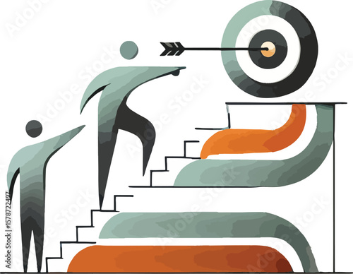 Illustration of achieving goals teamwork and progress towards hitting target with arrow symbol