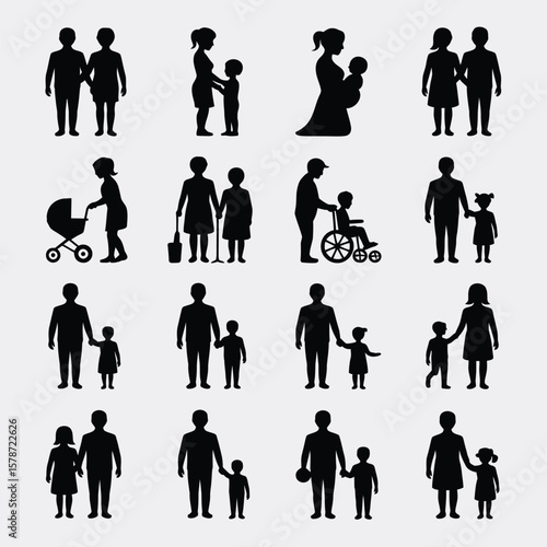 Collection of Black Silhouette Family Figures Diverse Poses Parents Children Baby Stroller Wheelchair Inclusive Representations