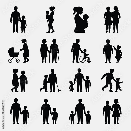 Collection of Black Silhouette Family Figures Diverse Poses Parents Children Baby Stroller Wheelchair Grandparents