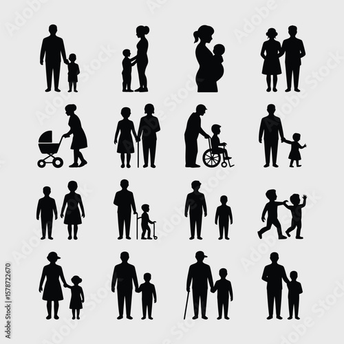 Collection of Black Silhouette Family Icons Diverse Family Structures Parents Children Baby Stroller Wheelchair Cane Scooter