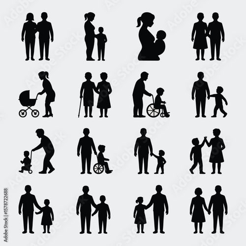 Collection of Black Silhouette Family Icons Diverse Family Structures Parents Children Seniors Disability Wheelchair Stroller Baby Carriage