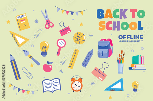 Back to school vector illustration, school supplies set, cartoon style