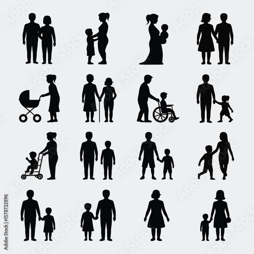 Collection of Black Silhouettes Depicting Diverse Family Units Couples with Children Adults with Wheelchairs and Strollers Baby Carriages and Various Family Configurations