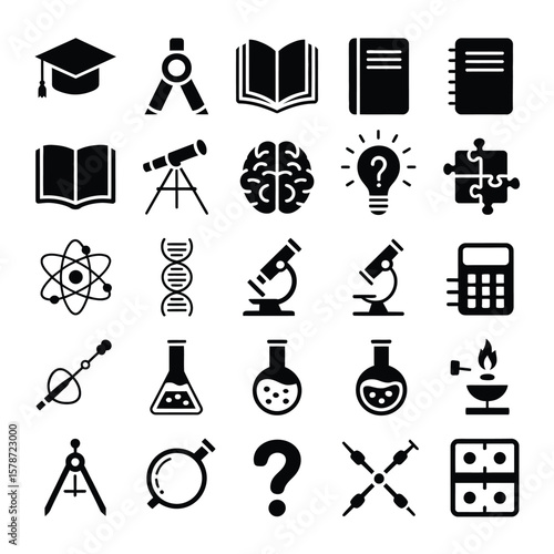 Collection of Black Solid Glyph Icons Representing Education Science Research and Learning Concepts Including Books Microscopes Brain Atom D N A Graduation Cap and More