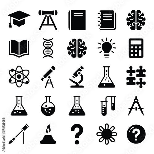 Collection of Black Solid Glyph Icons Representing Education Science Research and Learning Concepts Including Graduation Cap Books Brain Microscope Beaker Atom Telescope D N A