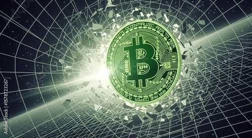 Green Bitcoin Blasting Through Abstract Space Grid