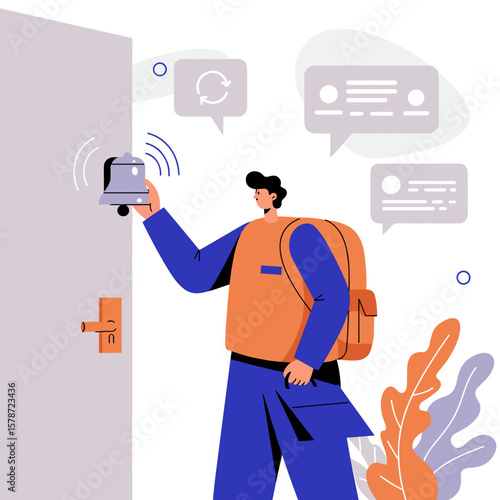Delivery man ringing doorbell with backpack at residential door  