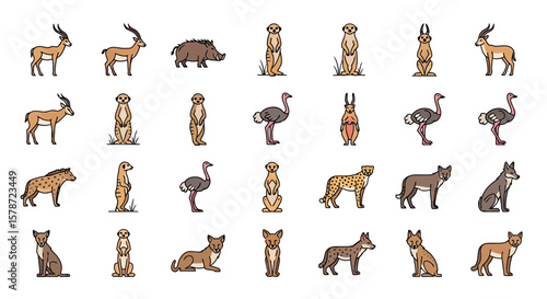 Collection of African wildlife illustrations: antelope, meerkat, ostrich, wild dog, and boar.