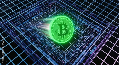 Green Bitcoin Blasting Through Abstract Space Grid