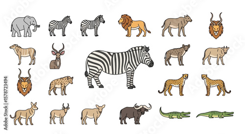A collection of various African wildlife animals presented in a line art style, isolated on white.