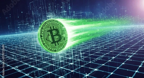 Green Bitcoin Blasting Through Abstract Space Grid