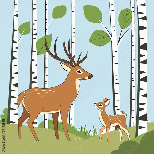 
a deer and fawn in a forest