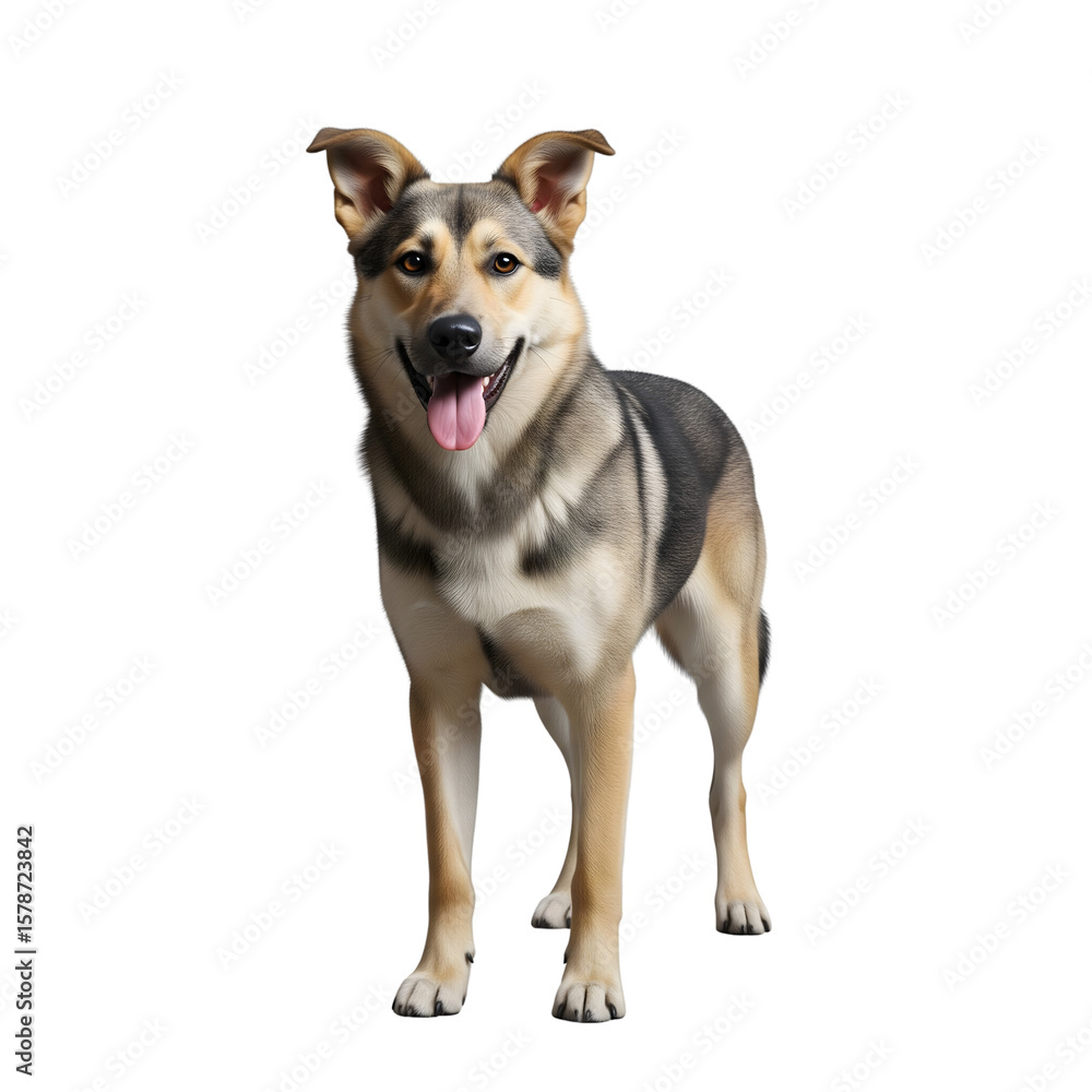 Fototapeta premium A beautiful mixed breed dog stands attentively with its tongue playfully sticking out, looking directly at the camera isolated on transparent background