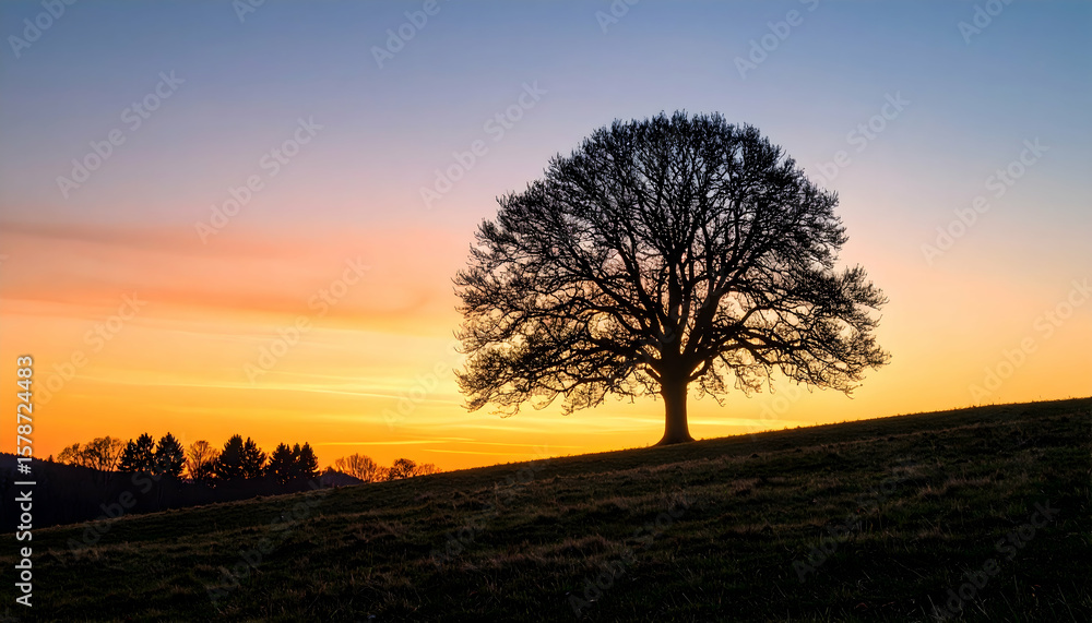 Silhouetted Solitary Tree on Grassy Hillside with Vibrant Sunset Sky Natural Serene Landscape Silhouetted Solitary Tree on Grassy Hillside with Vibrant Sunset Sky Natural Serene Landscape