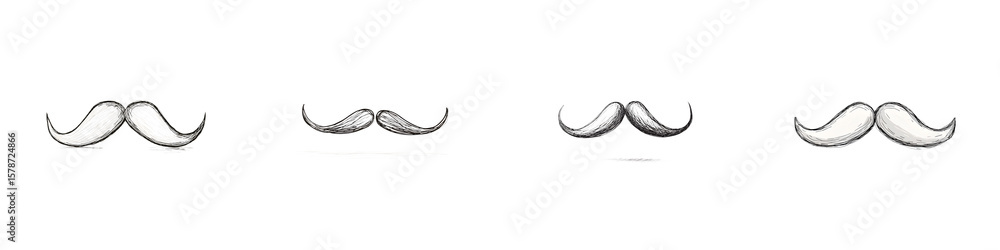 Obraz premium Set of four sketched mustaches isolated on white background, illustration for design, sticker, logo, print or other ideas, vintage style, minimal.