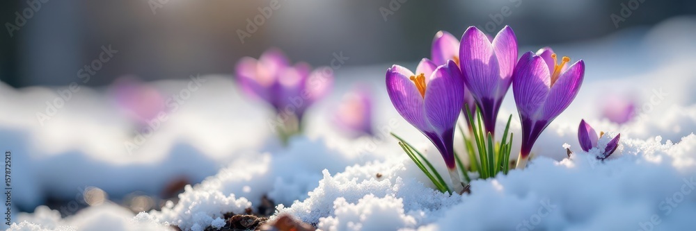 Obraz premium Delicate purple crocus blossoms emerge from melting snow , delicate, fresh, picture