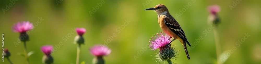 Fototapeta premium Bittern perched on thistle with nectar collection, wildlife, flower