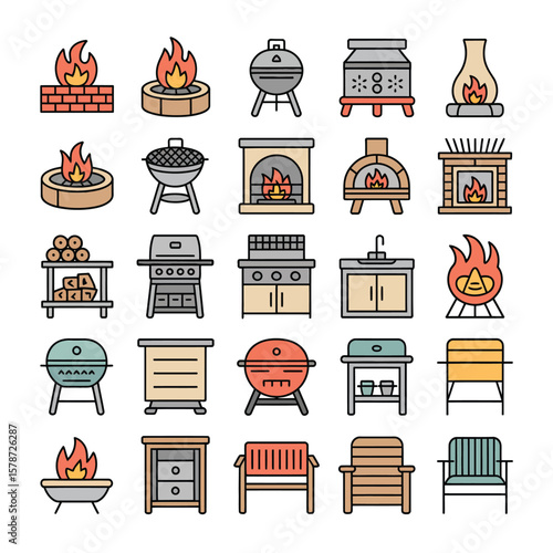 Collection of Colorful Line Art Icons Depicting Various Fire Pits Grills Fireplaces and Outdoor Furniture Pieces Including Brick Fireplaces Stone Fire Pits Kettle Grills Built
