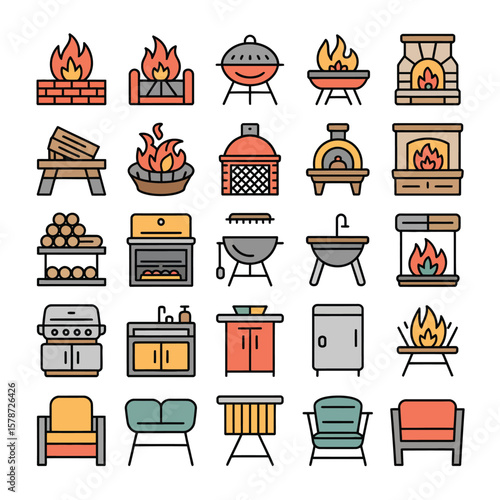 Collection of Colorful Line Art Icons Depicting Various Fireplaces Grills and Outdoor Furniture Pieces Including Brick Fire Pits Campfires Charcoal Grills Gas Grills Built In