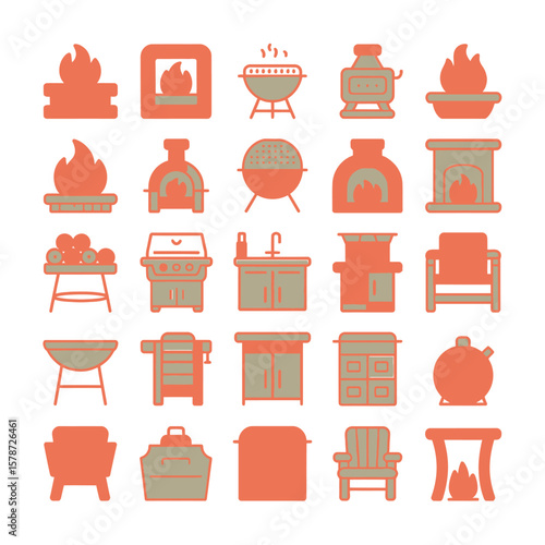 Collection of Colorful Line Art Icons Depicting Various Fireplaces Grills Outdoor Furniture and Kitchen Cabinets in Orange Red Teal and Gray