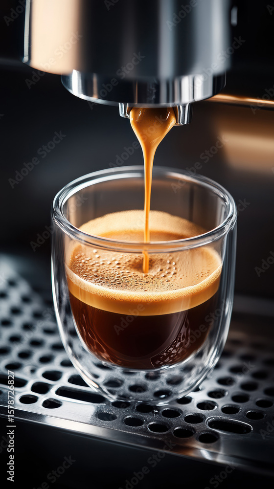 A sleek stainless steel coffee machine expertly pours espresso into a glass cup. The rich layers of dark espresso and creamy crema create a striking visual contrast, perfect for coffee aficionados. A sleek stainless steel coffee machine expertly pours espresso into a glass cup. The rich layers of dark espresso and creamy crema create a striking visual contrast, perfect for coffee aficionados.