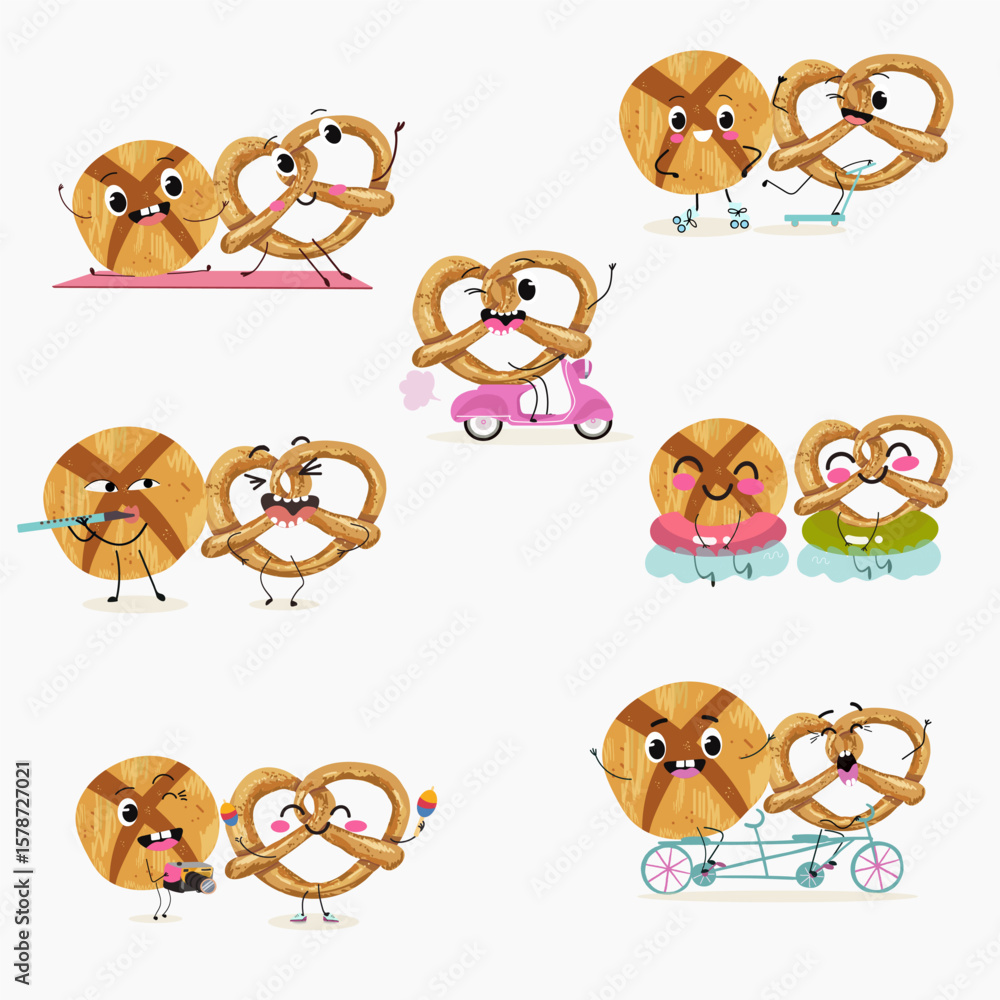 Fototapeta premium Baked food funny characters, hand drawn vector illustration.