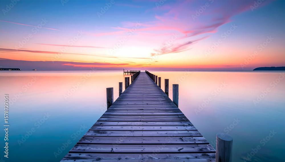 Naklejka premium Wooden Pier Stretching Into Calm Water with Vibrant Sunset Sky