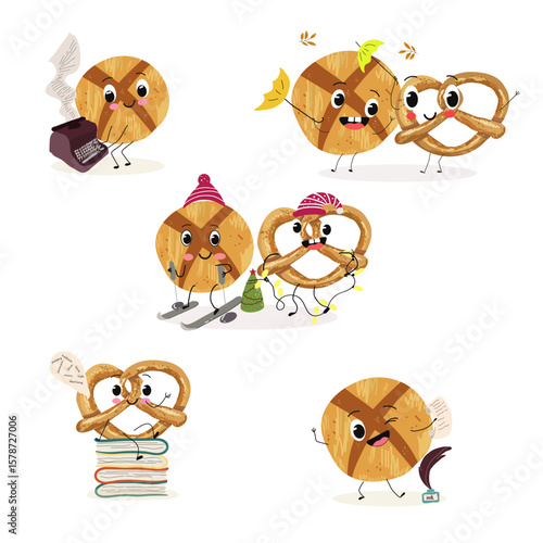 Baked food funny characters, hand drawn vector illustration.