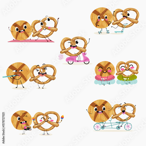 Baked food funny characters, hand drawn vector illustration.