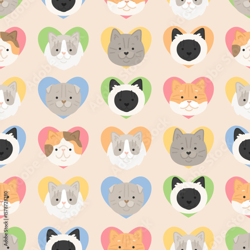 Vector seamless pattern with сartoon cats breeds. Cute texture wit faces of persian, siamese, scottish fold, golden shader with hearts. Flat style images for valentine's wrapping paper