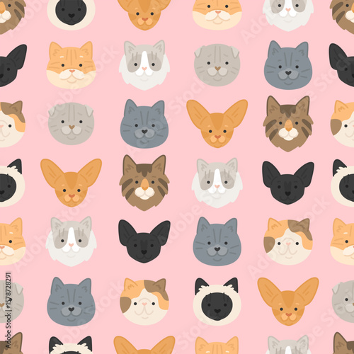 Vector seamless pattern with сartoon cats breeds. Cute texture with faces of abissian, persian, siamese, scottish fold, golden shader on pink background. Flat style pattern for textile or paper