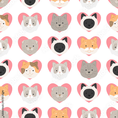 Vector seamless pattern with сartoon cats breeds. Cute texture wit faces of persian, siamese, scottish fold, golden shader with pink hearts. Flat style images for valentine's wrapping paper